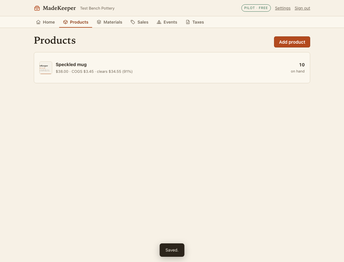 MadeKeeper products list showing a Speckled mug priced at $38 with $3.45 cost of goods and 10 on hand.